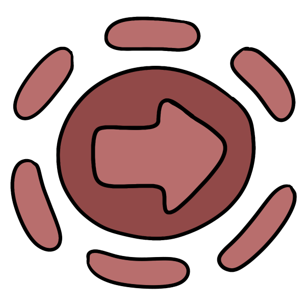  a pink arrow pointing right sits within a red circle. The circle is surrounded by a dashed circle of pink blobs.